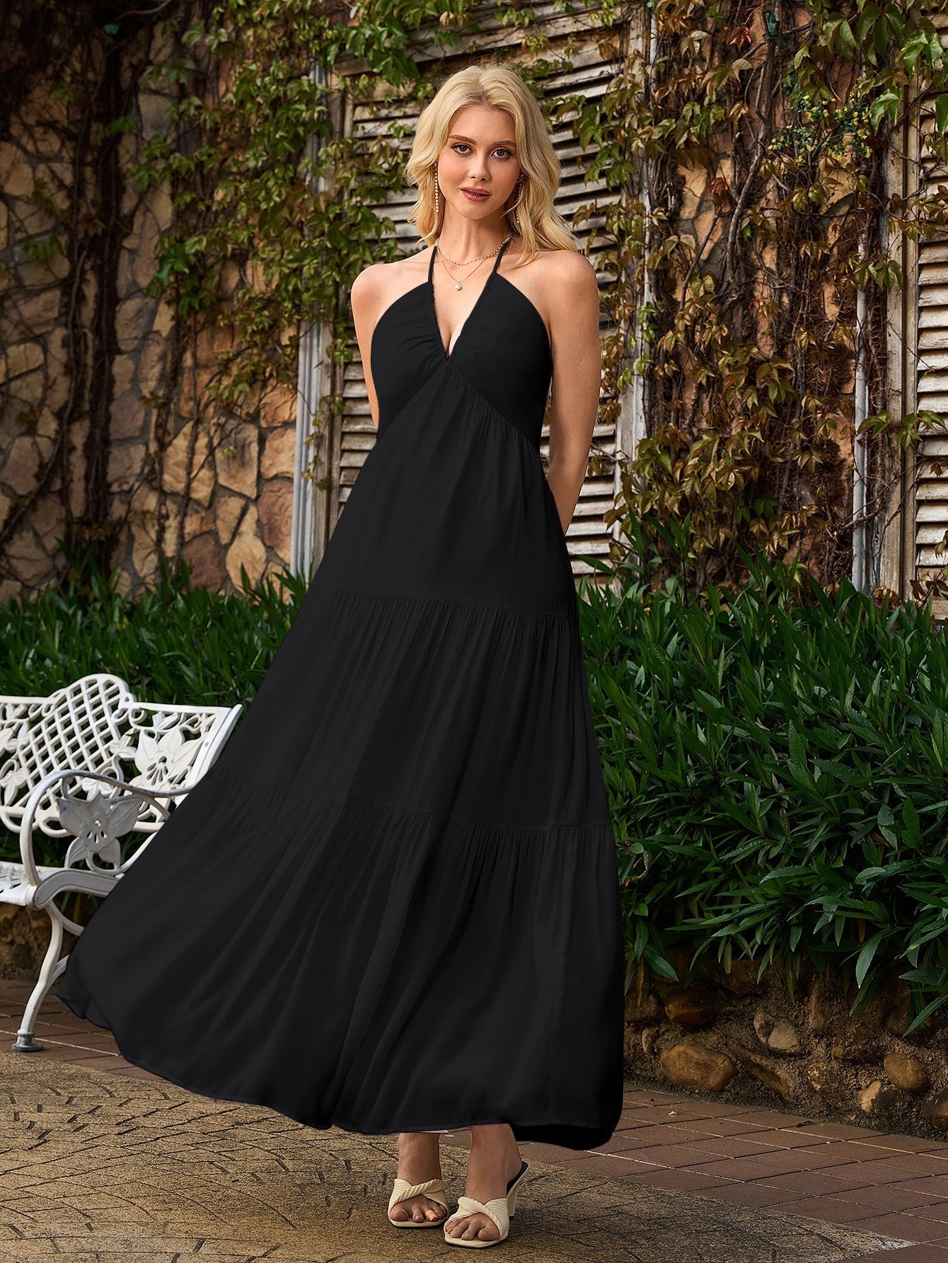 halter bow tie back ruched bust maxi dress#color_black