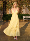halter bow tie back ruched bust maxi dress#color_yellow
