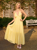 halter ruched bust bow tie back maxi dress#color_yellow