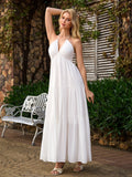 ruched bust halter bow tie back maxi dress#color_white