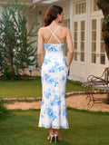 crisscross tie back halter ruched floral print mermaid dress#color_white