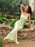 mermaid floral print ruched crisscross tie back halter dress#color_green