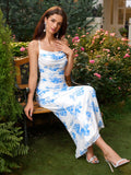 floral print ruched crisscross tie back halter mermaid dress#color_white