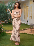 crisscross tie back ruched halter floral print mermaid dress#color_beige