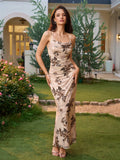 halter crisscross tie back ruched floral print mermaid dress#color_beige
