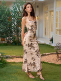 halter ruched crisscross tie back floral print mermaid dress#color_beige
