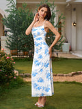 halter ruched crisscross tie back floral print mermaid dress#color_white