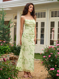 ruched halter crisscross tie back floral print mermaid dress#color_green