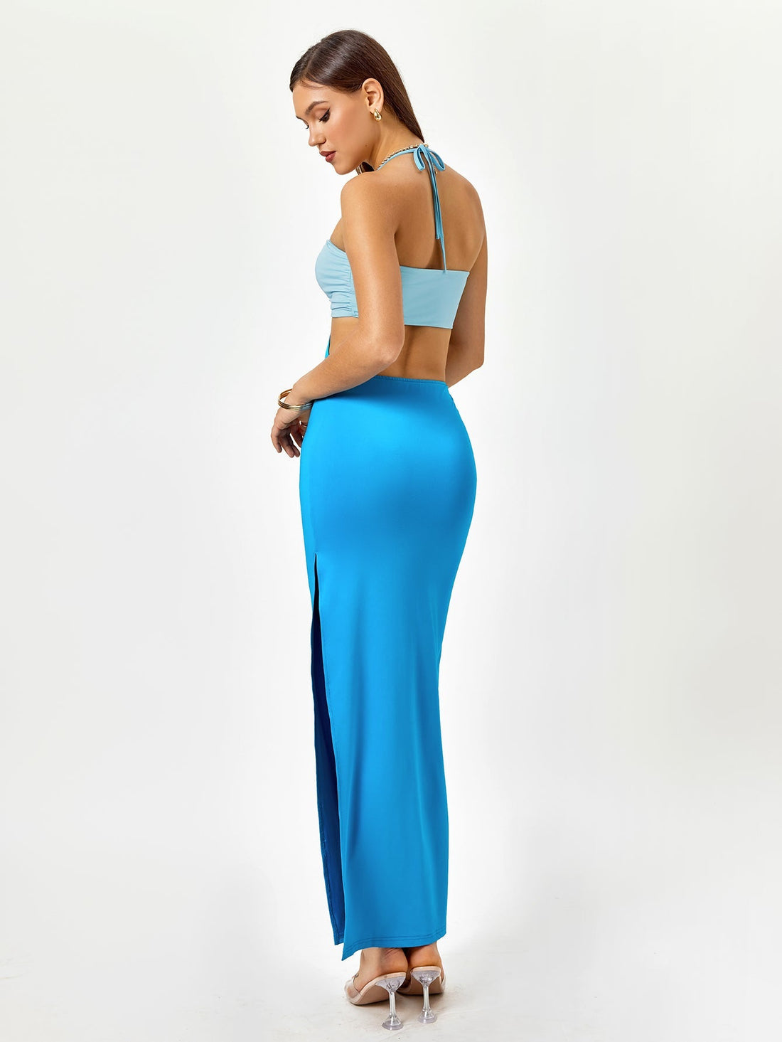 halter cut out color clash slit dress#color_blue