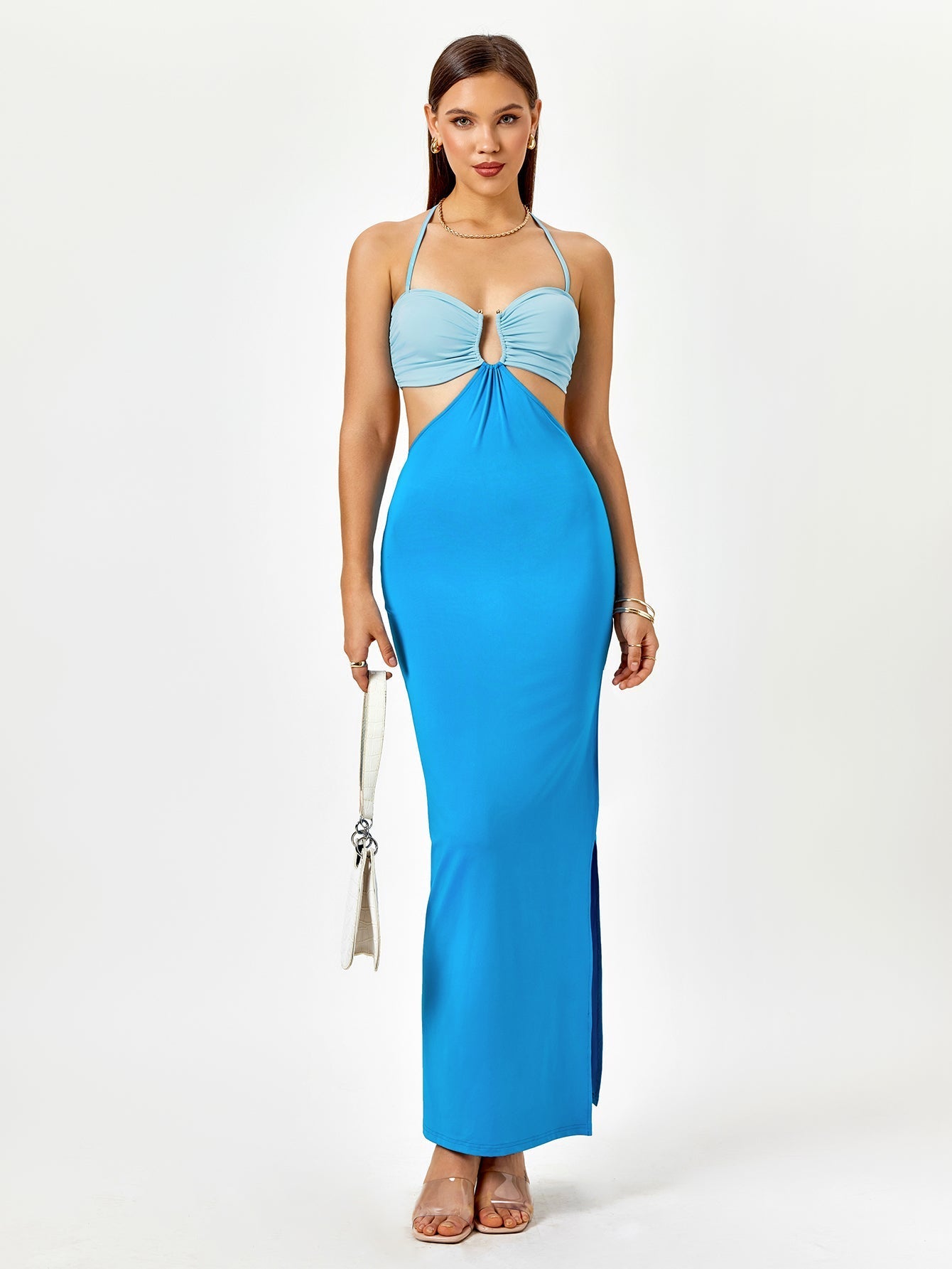 cut out color clash halter slit dress#color_blue