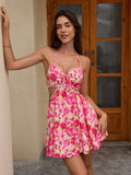 Halter Cut Out Ruched Tie Front Floral Print Dress#color_pinkfloral