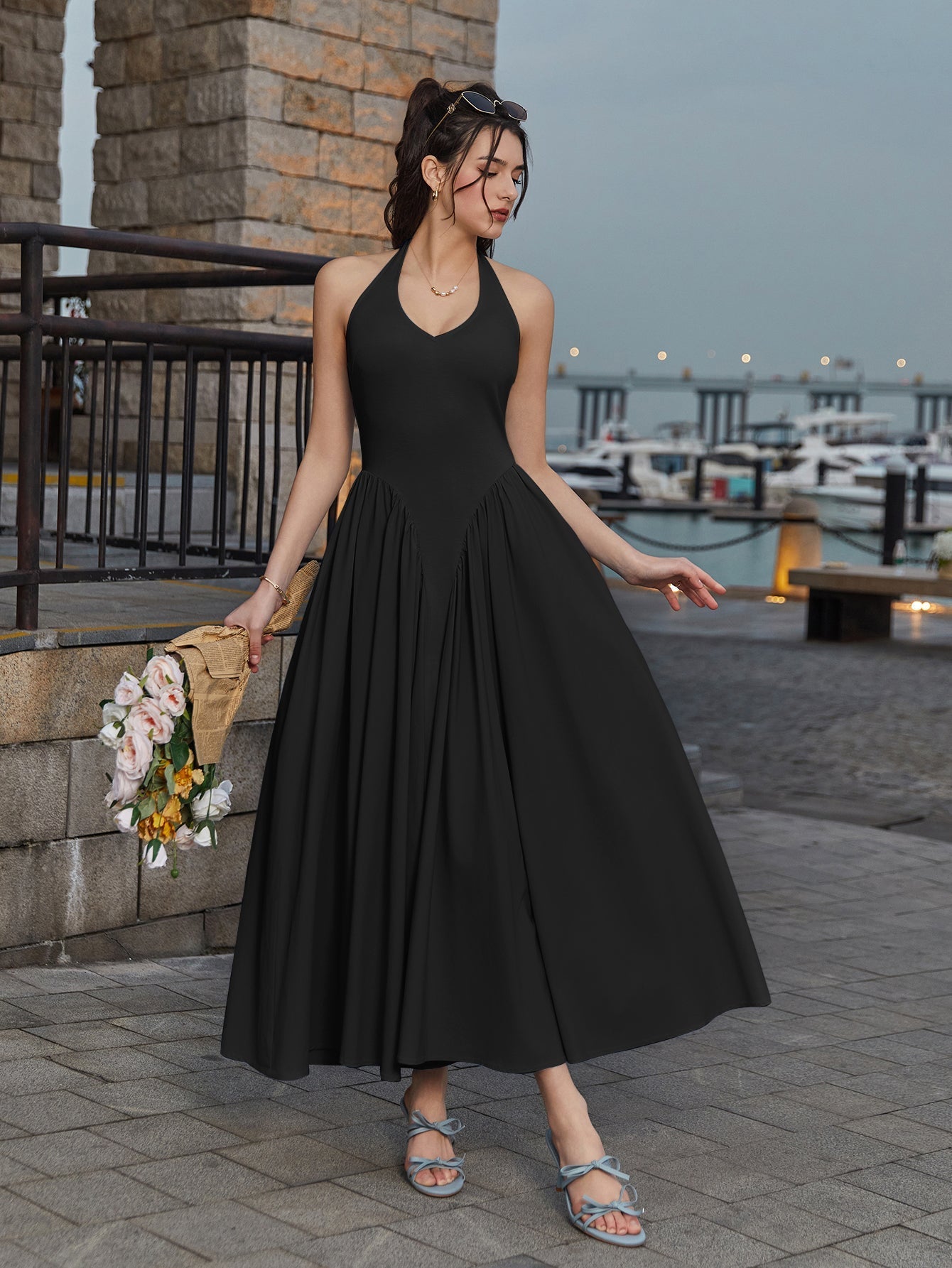 Halter Neck Maxi Dress with Ruched Waist - View 11 | WEUXS