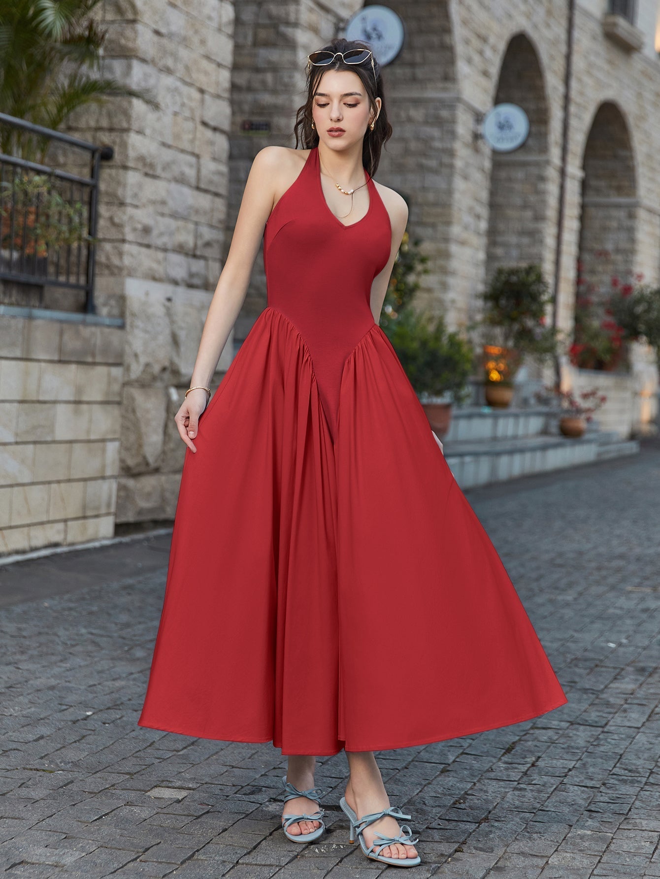 Halter Neck Maxi Dress with Ruched Waist - View 15 | WEUXS