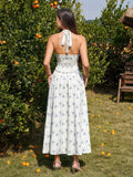 Halter Button Embellished Ruched Maxi Dress#color_bluefloral