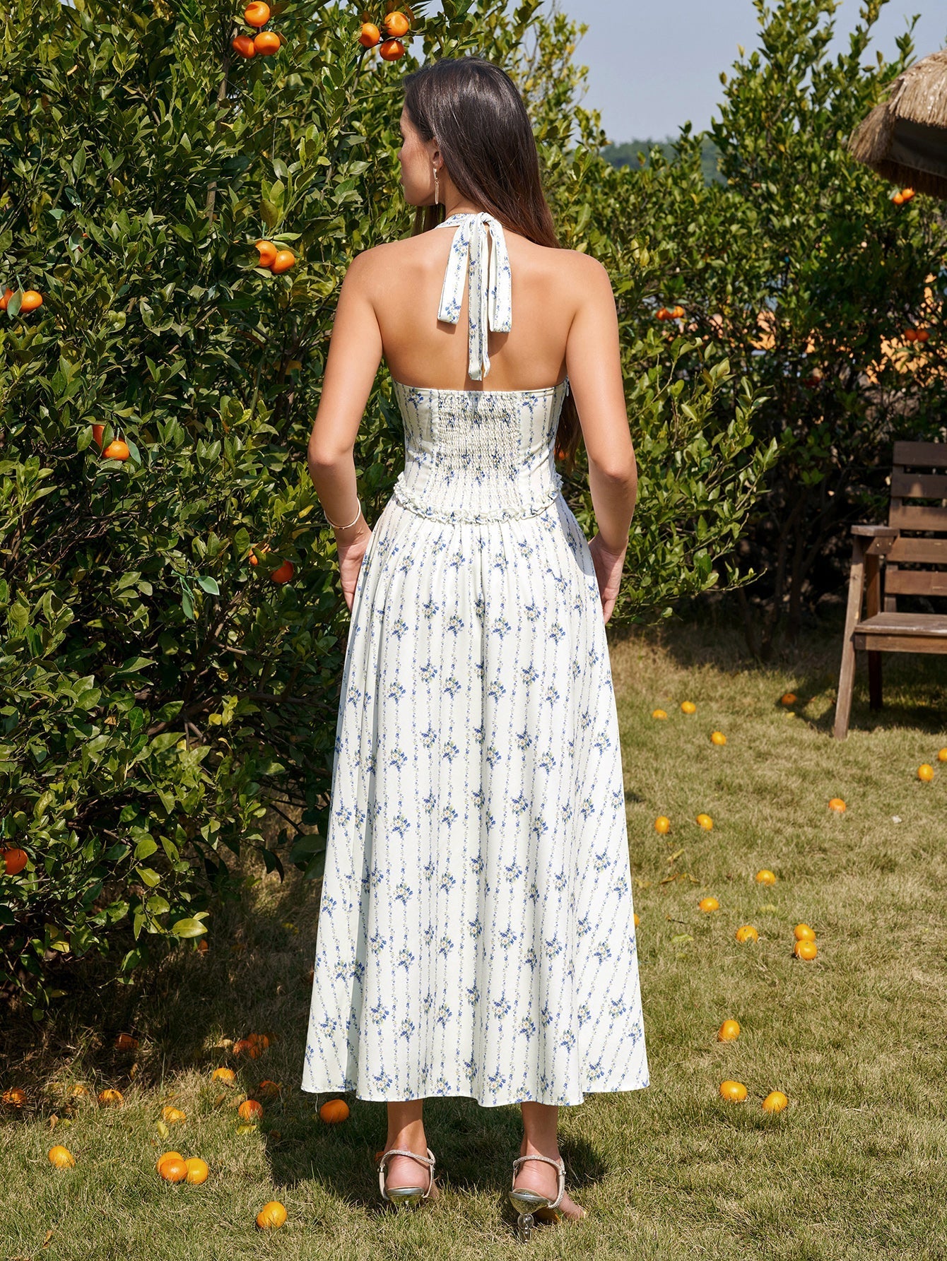 Halter Button Embellished Ruched Maxi Dress#color_bluefloral