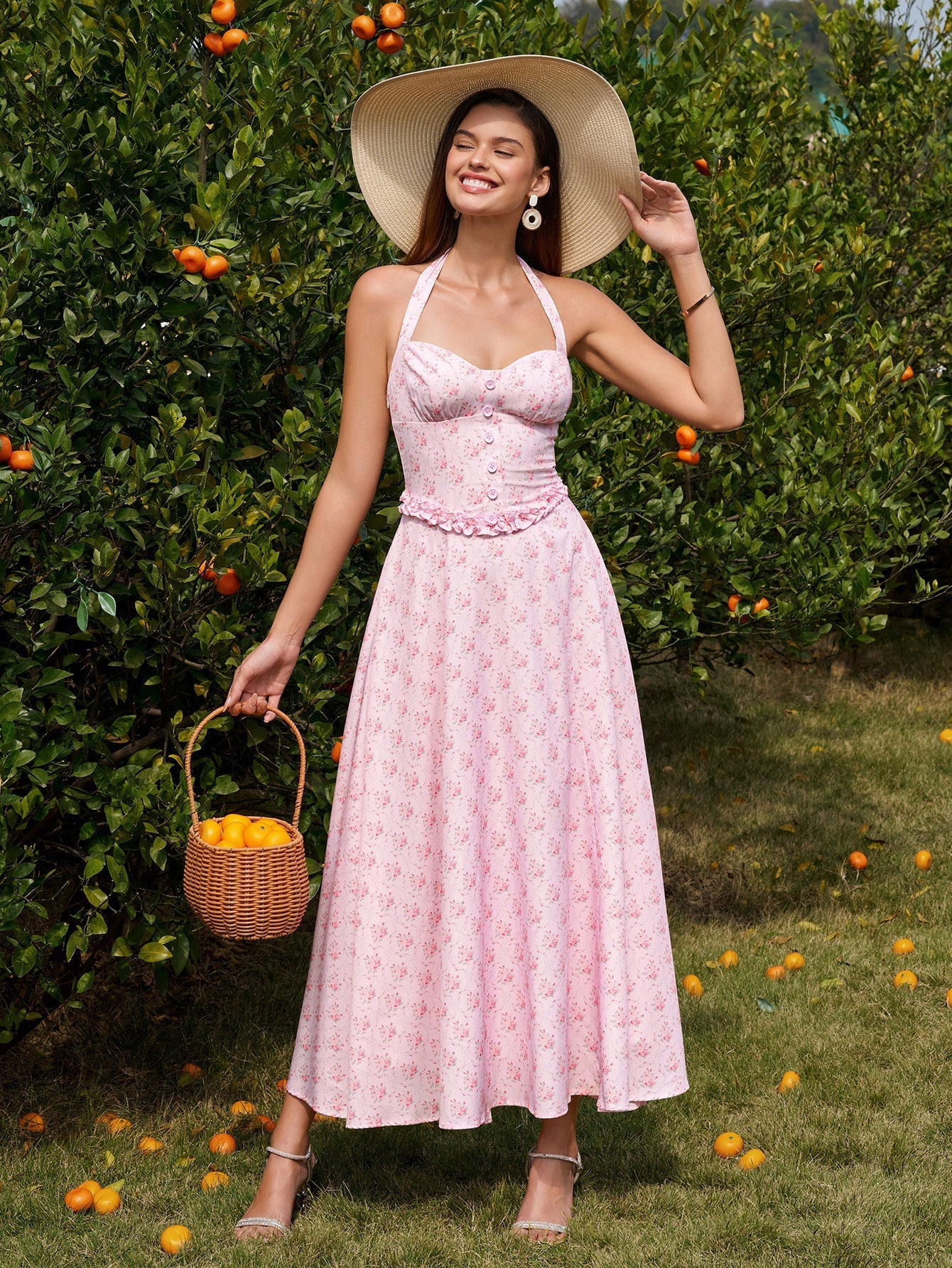 Button Embellished Halter Ruched Maxi Dress#color_pinkfloral