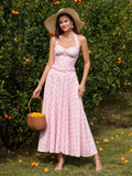 Button Halter Embellished Ruched Maxi Dress#color_pinkfloral