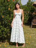 Halter Embellished Button Ruched Maxi Dress#color_bluefloral