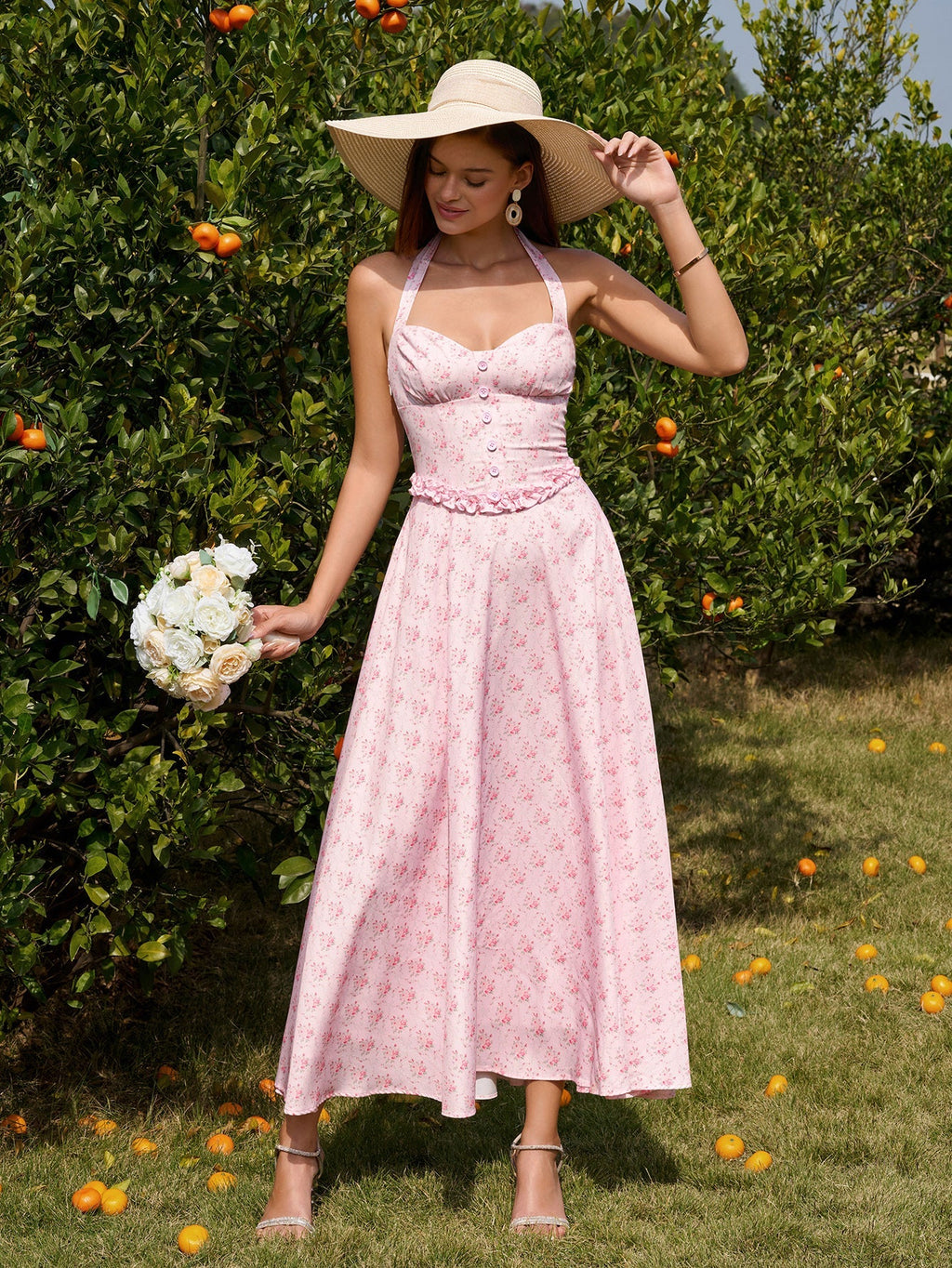 Embellished Button Halter Ruched Maxi Dress#color_pinkfloral