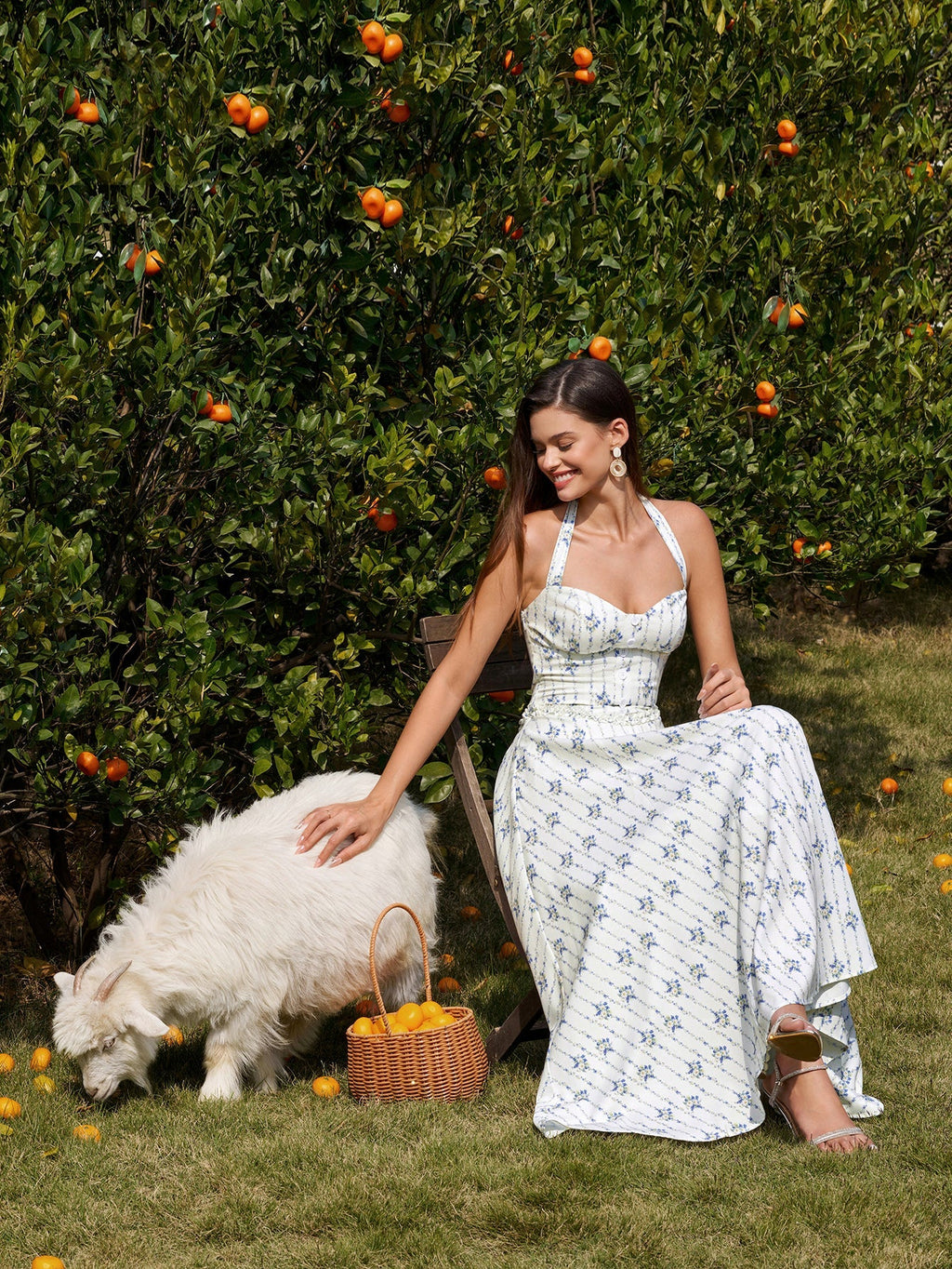 Embellished Button Halter Ruched Maxi Dress#color_bluefloral