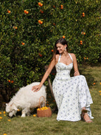 Embellished Button Halter Ruched Maxi Dress#color_bluefloral