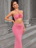 Halter neck two-piece set with floral applique and cut out waist - View 6 | WEUXS