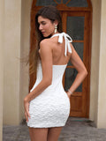 Fitted halter neck dress with textured skirt - View 6 | WEUXS