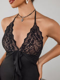Halter neck satin lace mini dress - View 6 | WEUXS