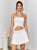 White halter neck ruched bust asymmetrical hem crop top with tiered skirt - View 6 | WEUXS