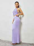 Halter neck ruched crop top and mermaid skirt set - View 6 | WEUXS