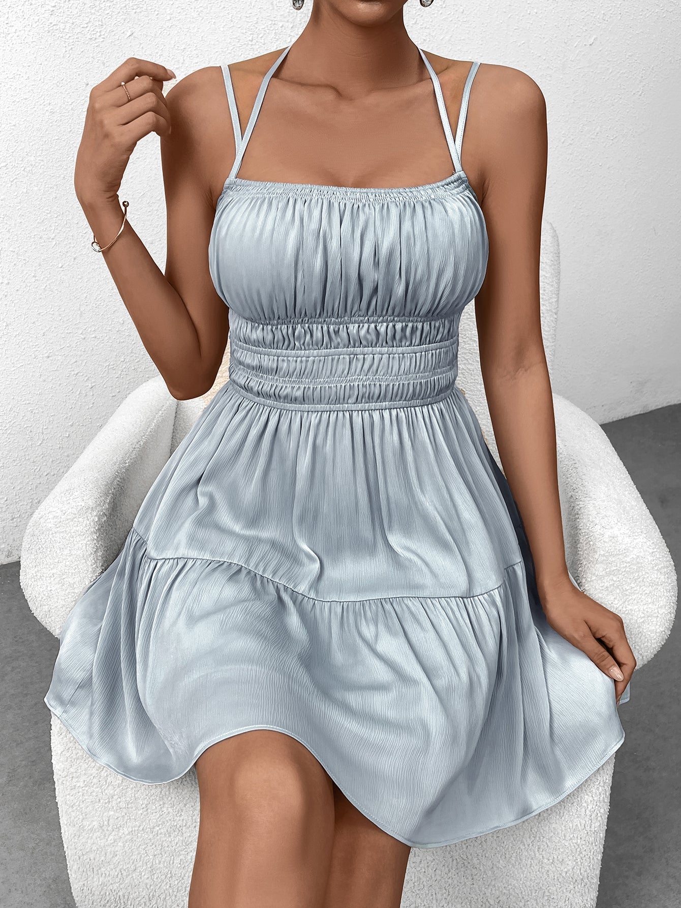 Light blue halter neck mini dress with smocked bodice and tiered skirt - View 6 | WEUXS