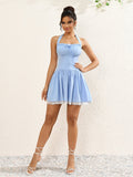 tie front lace hem halter ruched mini dress#color_blue