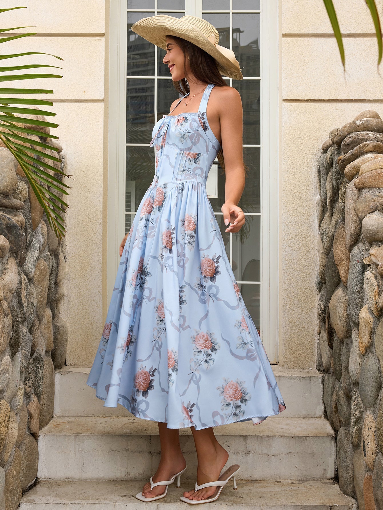 Floral halter midi dress with tie detail - View 6 | WEUXS