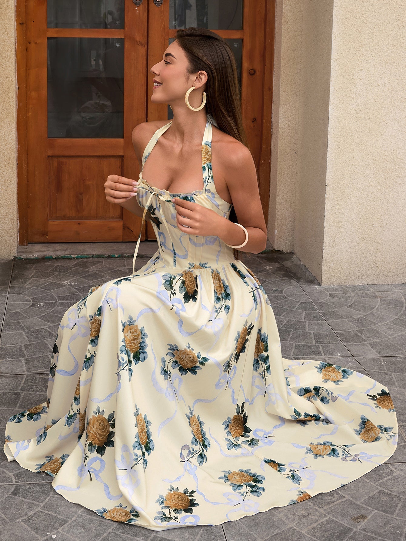 Floral halter midi dress with tie detail - View 10 | WEUXS