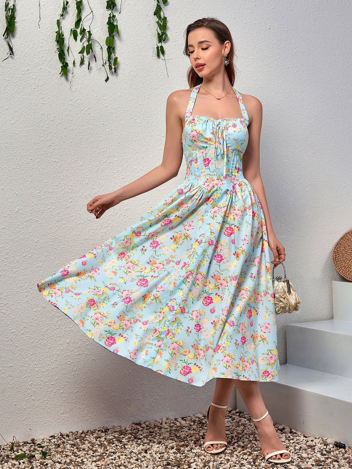 Floral halter midi dress with tie detail - View 34 | WEUXS