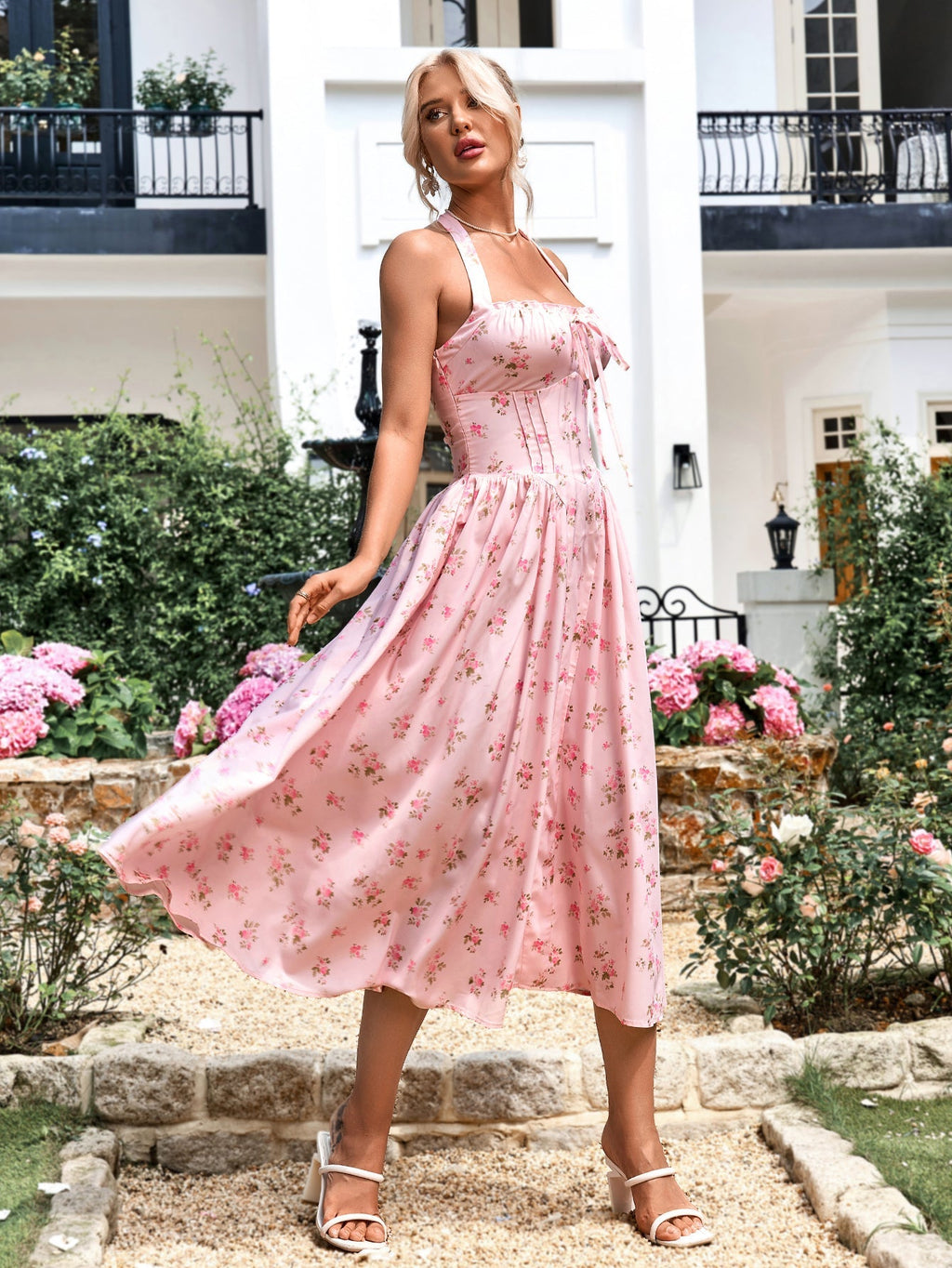 Floral halter midi dress with tie detail - View 27 | WEUXS