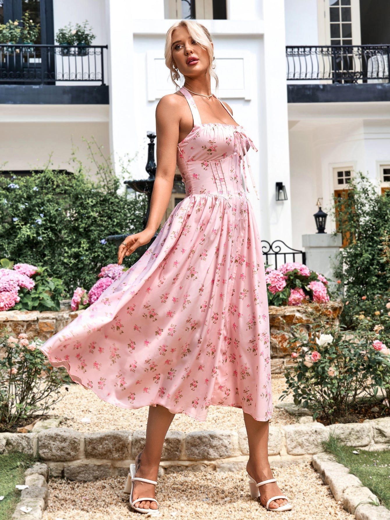 Floral halter midi dress with tie detail - View 27 | WEUXS