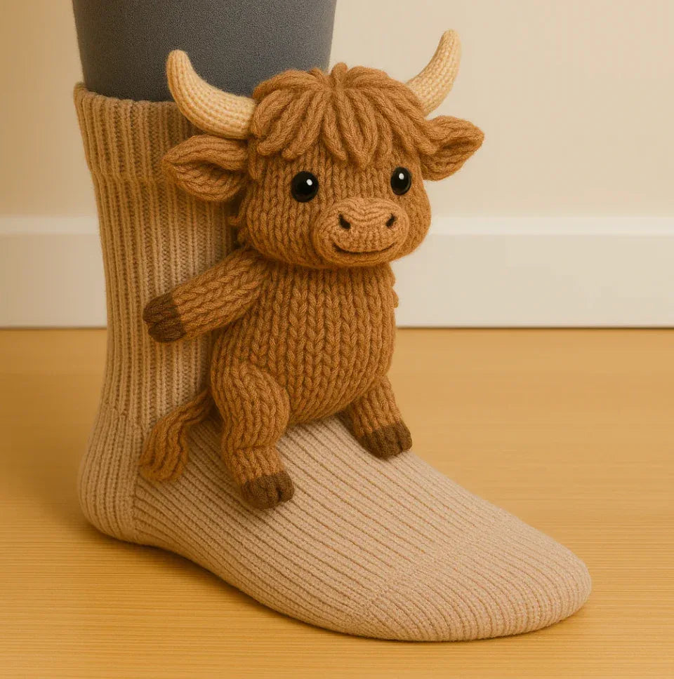 Close-up of a knitted Highland cow toy sitting on a beige crew sock.