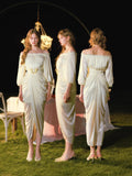Elegant off-shoulder satin maxi dress with ruched detailing and gold-tone accent - View 13 | WEUXS