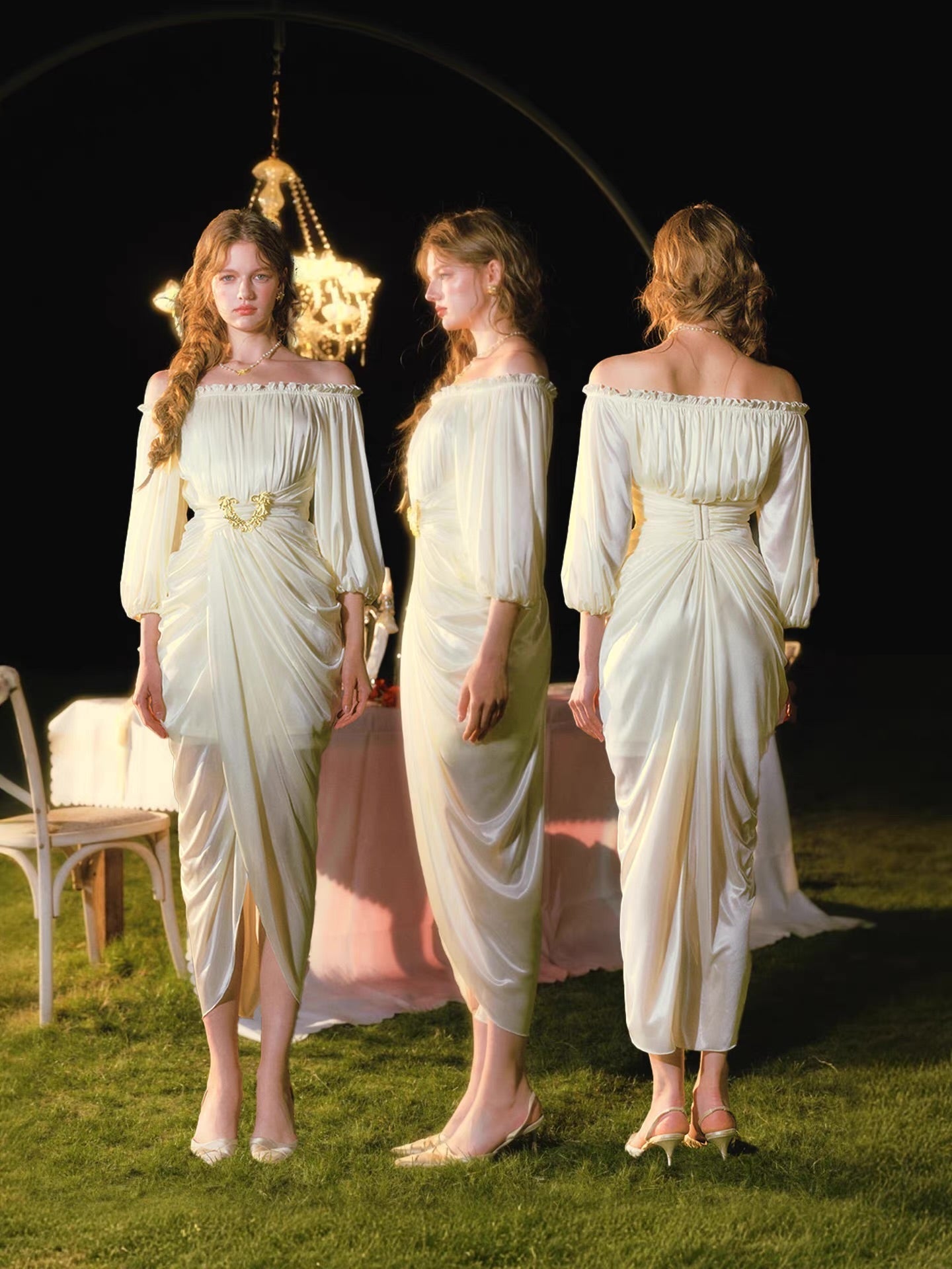 Elegant off-shoulder satin maxi dress with ruched detailing and gold-tone accent - View 13 | WEUXS