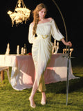 Elegant off-shoulder satin maxi dress with ruched detailing and gold-tone accent - View 6 | WEUXS