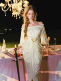 Elegant off-shoulder satin maxi dress with ruched detailing and gold-tone accent - View 11 | WEUXS