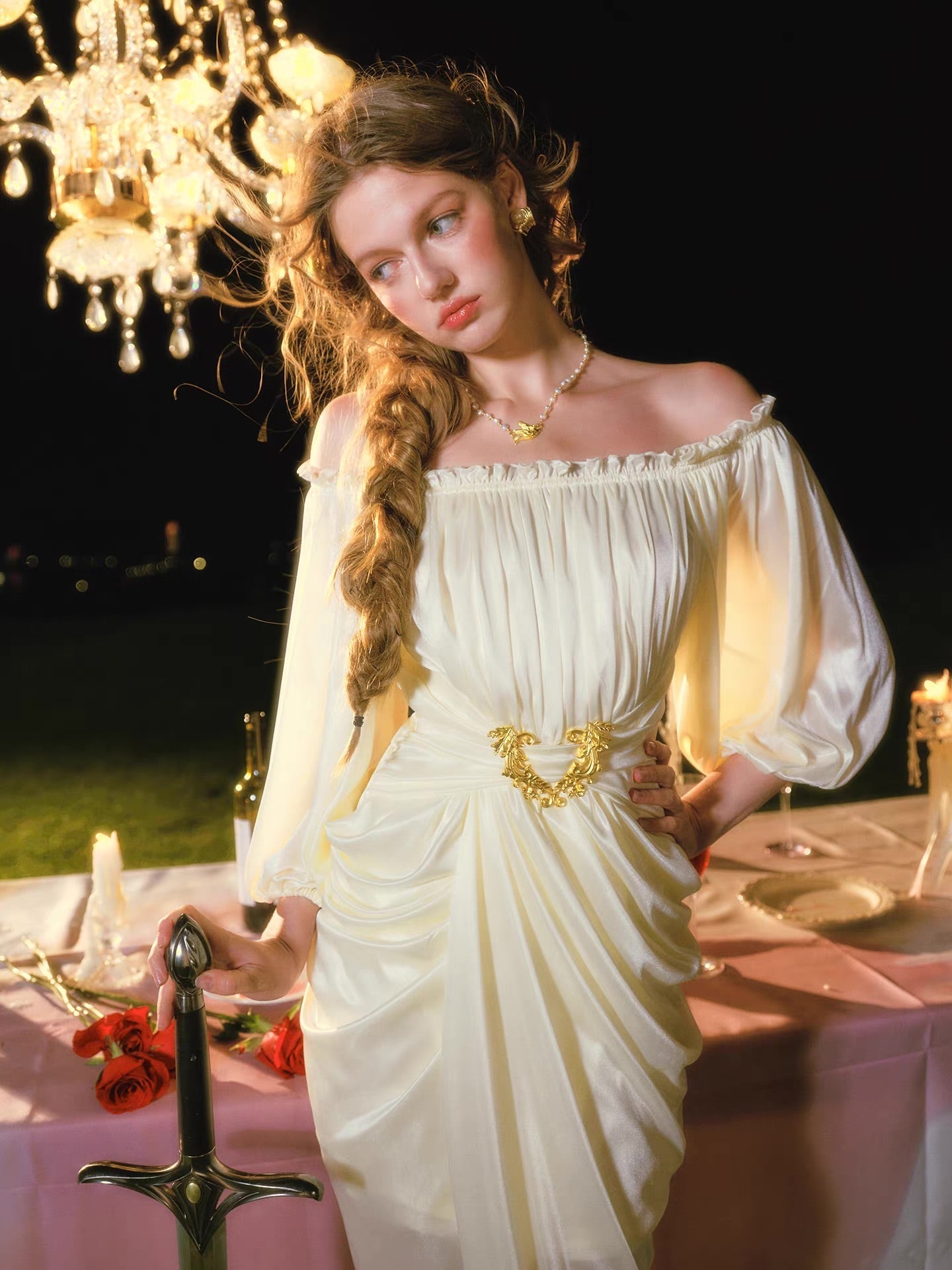 Elegant off-shoulder satin maxi dress with ruched detailing and gold-tone accent - View 8 | WEUXS