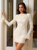 Beige jacquard floral mini dress with cut out back and flounce sleeves - View 6 | WEUXS