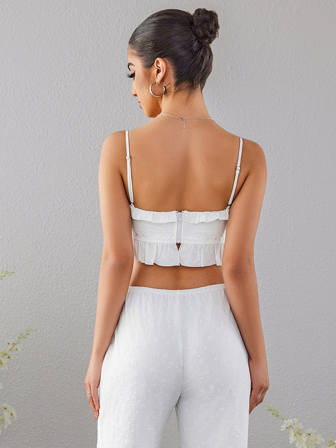 lace trim tie front jacquard top#color_white