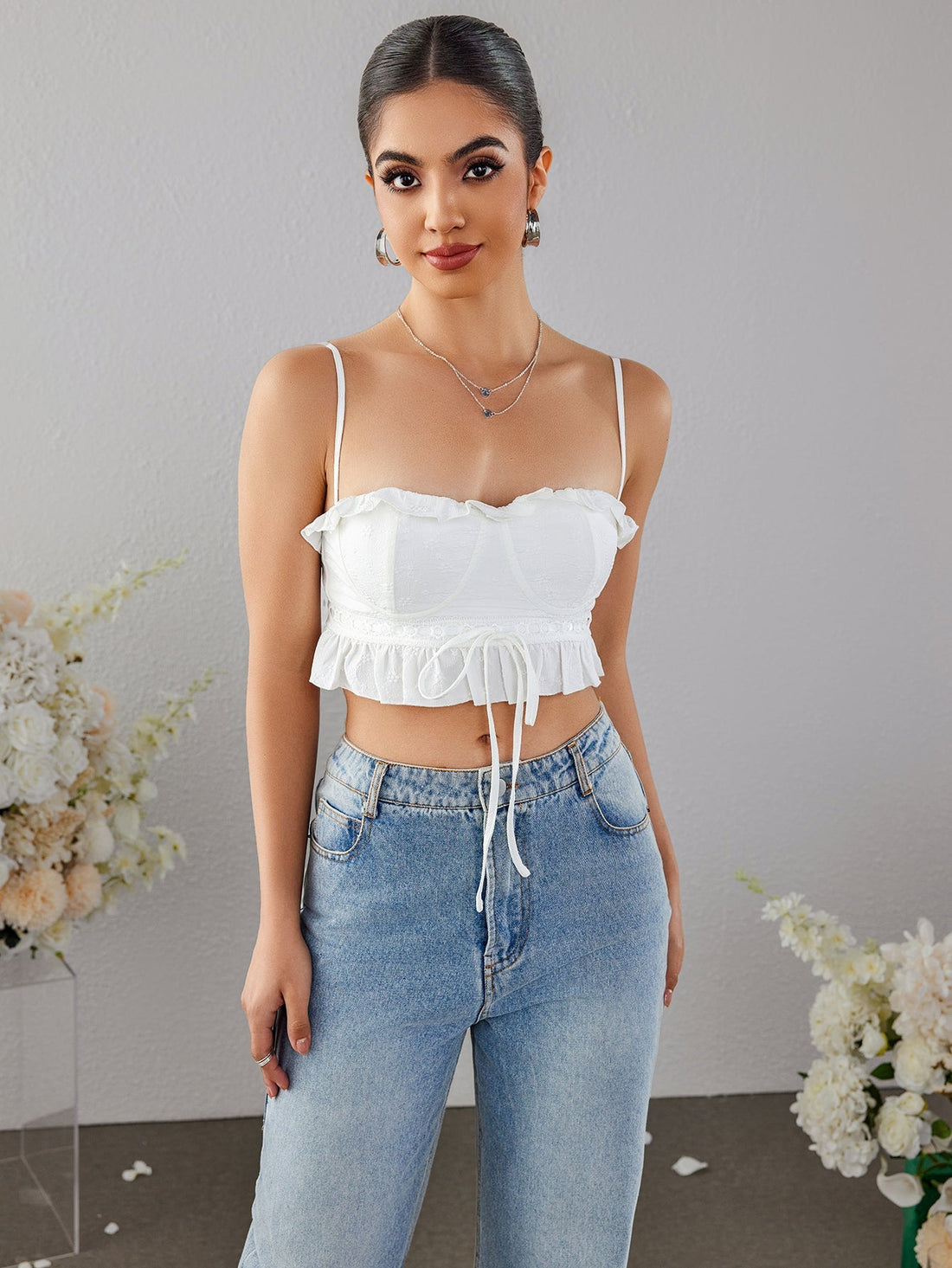 lace trim tie front jacquard top#color_white