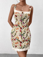 Floral jacquard tie front dress with ruffle hem - View 6 | WEUXS
