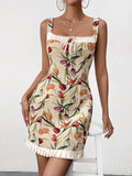 Woman wearing a sleeveless floral print bodycon dress with a square neckline and ruffled hem