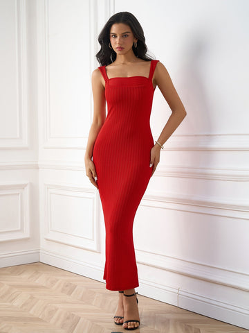 Woman wearing a red ribbed knit square neck midi dress with thin straps