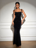 Black sequin tie front maxi dress with spaghetti straps and mermaid hem - View 6 | WEUXS